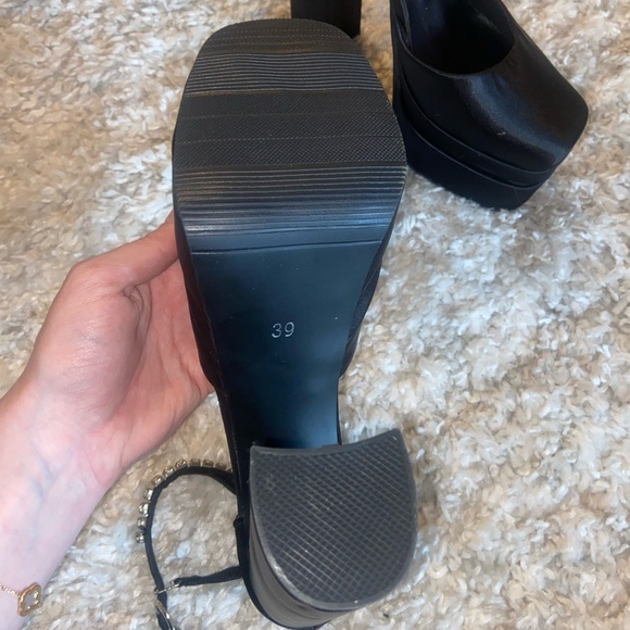 Black satin block heels rhinestone ankle strap Versace inspired - Picture 3 of 3